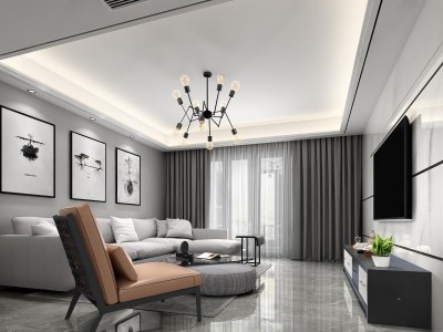 现代黑白灰客餐厅3D模型下载